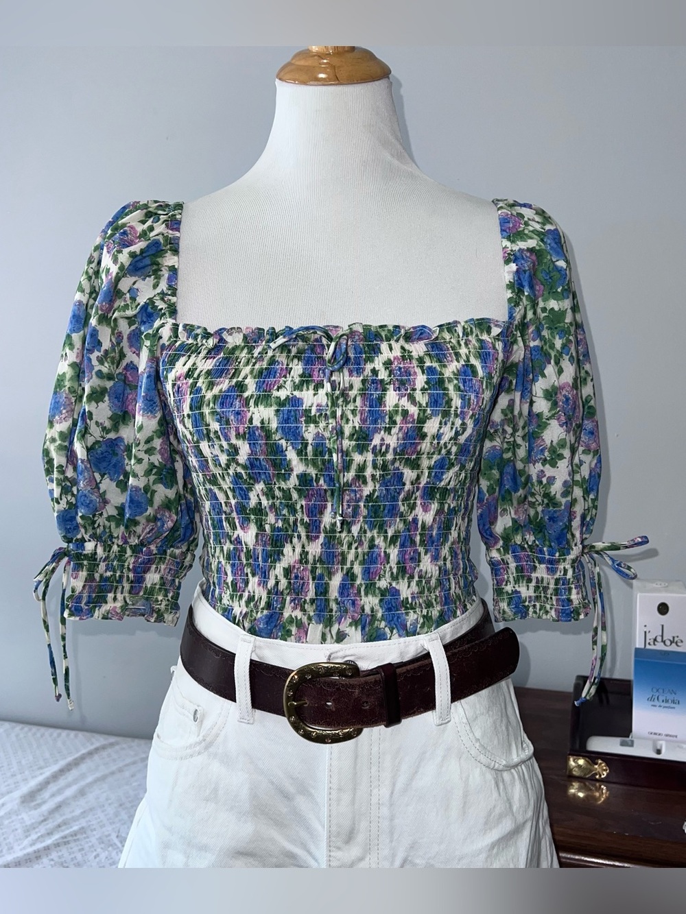 For Love & Lemons Womens M Crop Top Purple Blue Green Floral Smocked Puff Sleeve